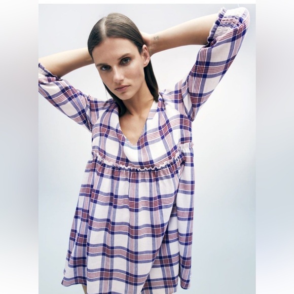 Zara Linen Blend Plaid Mini Dress - Picture 2 of 9